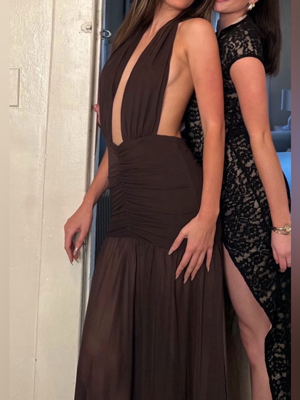 Deep V-Neck Brown Halter Maxi Dress - Picture 6 of 7